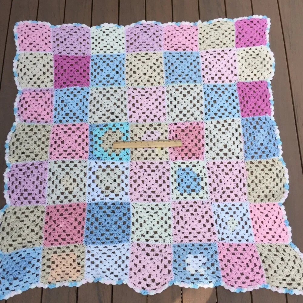 Crochet Knit Afghan Throw Blanket Granny Square Pastels Baby Pink Blue Sofa Cozy